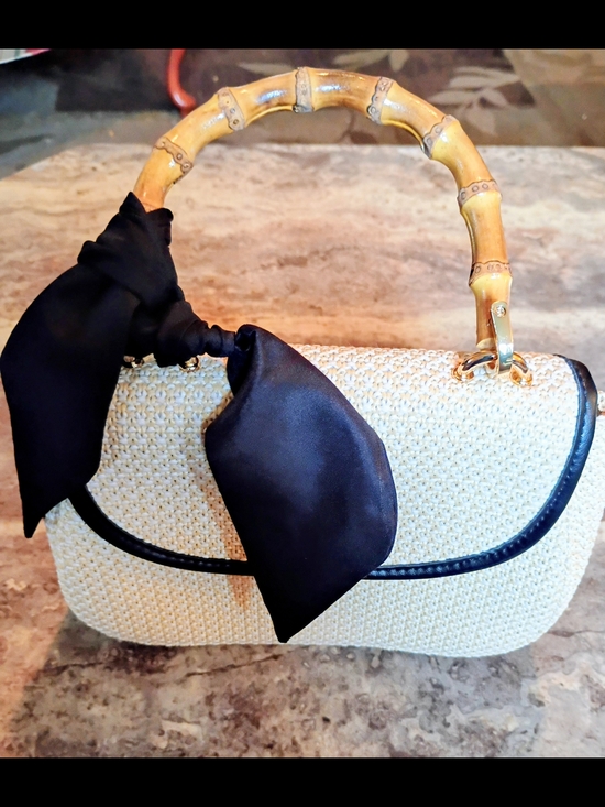 a new day Handbags - A new day woven Straw Top-Handle Bag with Bamboo Handle and Black Scarf 9x6x3